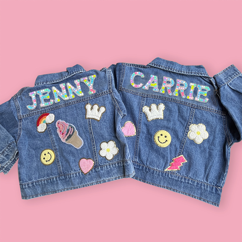 Personalized Kids Macaron Candy Color Beaded Letter Denim Jacket| Cloth165
