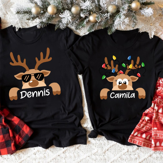 Personalized Reindeer Family Christmas Monogrammed Name T-Shirt| Match0418