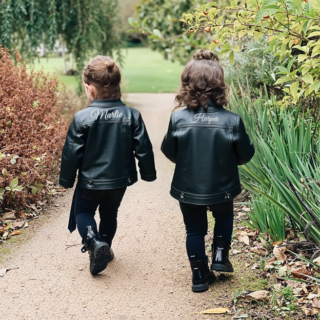 Personalized Kids Embroidered Zip Up Faux Leather Jacket| Cloth250