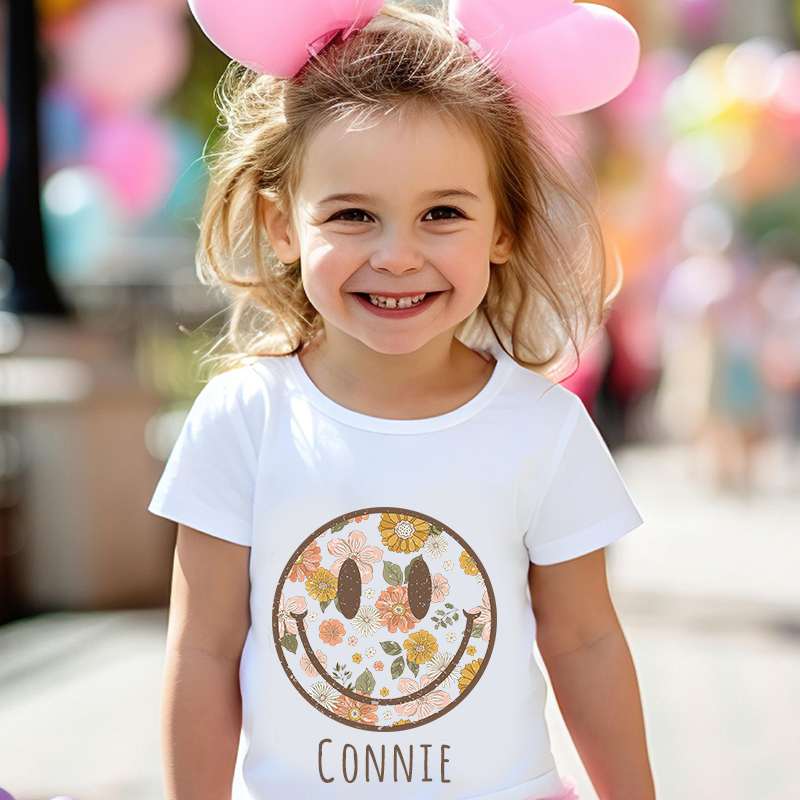 Personalized Girls Retro Floral Smiley Face T-Shirt| Cloth1423