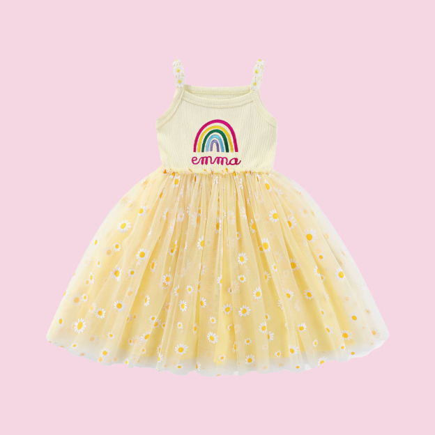 Personalized Girl Embroidered Rainbow Daisy Tutu Dress| Dress14