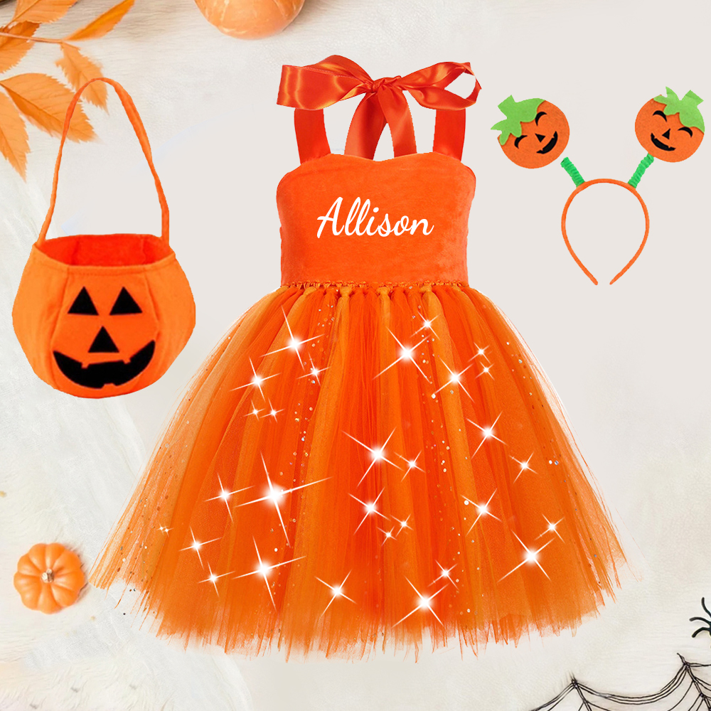 Personalized 3Pcs Girl Halloween Pumpkin Led Dress| YESHalloween06