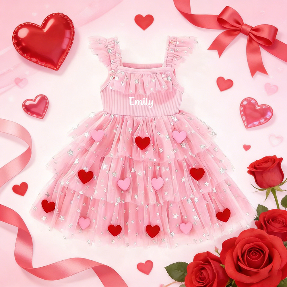 Personalized Girl Valentine's Day Heart Mesh Dress| YESVa05