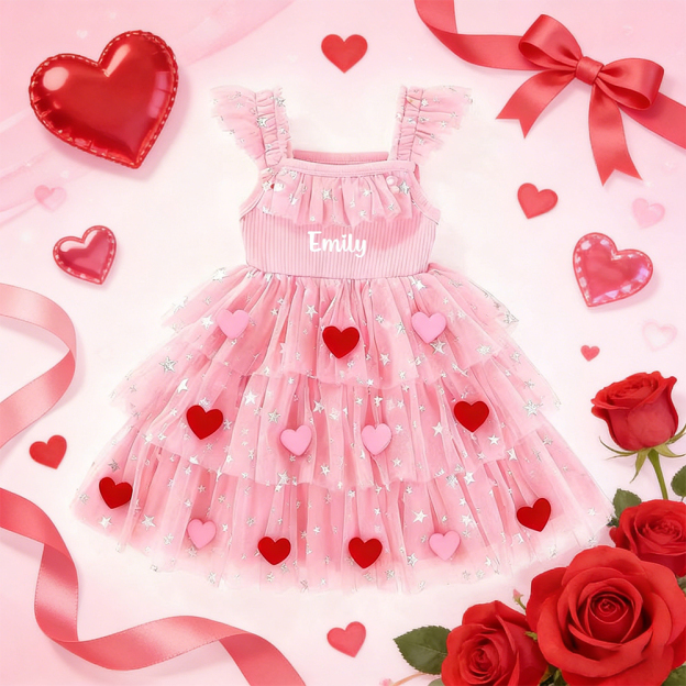 Personalized Girl Valentine's Day Heart Mesh Dress| YESVa05