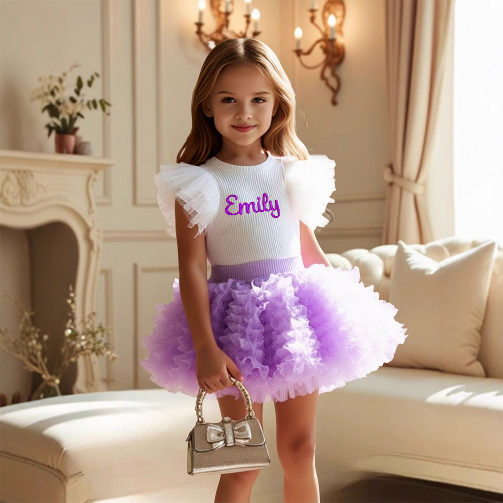 Personalized Girl Embroidered Ruffle Flutter Sleeve Tutu Set| Cloth237