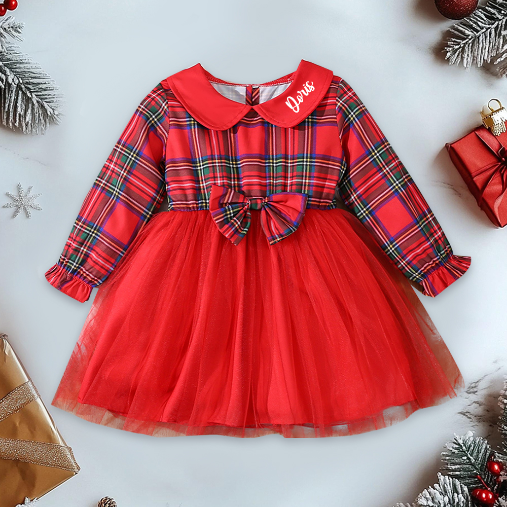 Personalized Girl Christmas Mesh Bowknot Dress|YESMC15