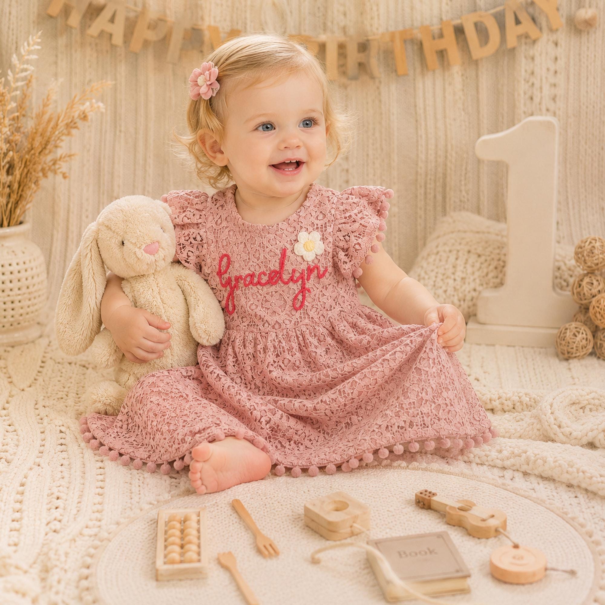 Personalized Girl Handmade Flower Lace Ruffle Dress| Dress115