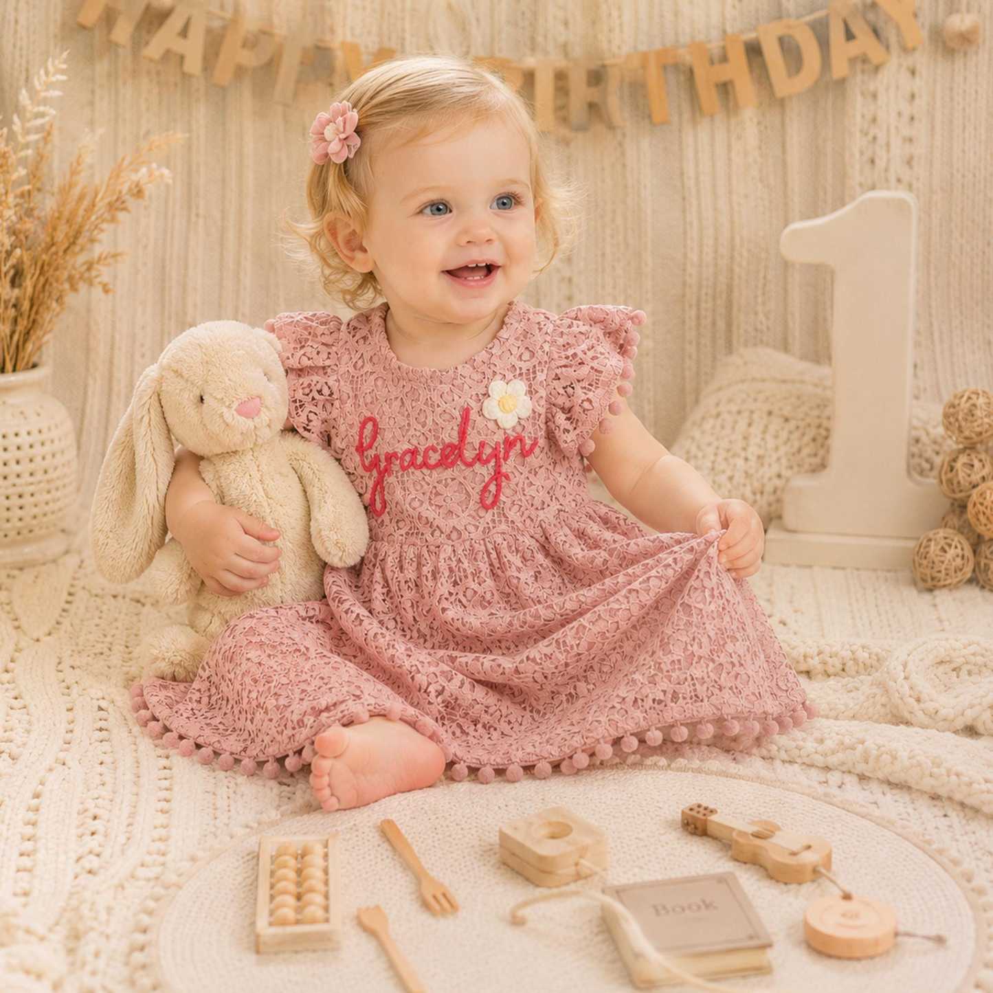 Personalized Girl Handmade Flower Lace Ruffle Dress| Dress115