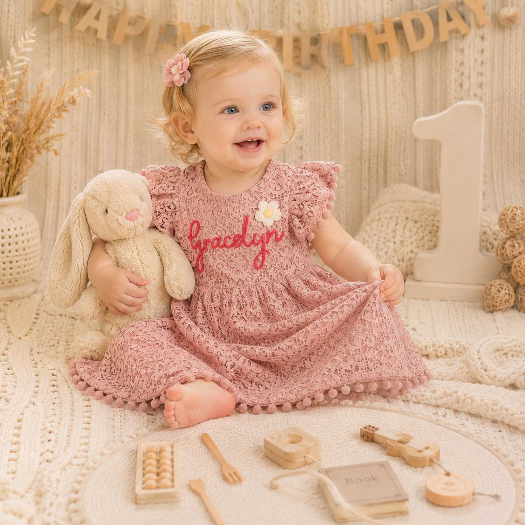 Personalized Girl Handmade Flower Lace Ruffle Dress| Dress115