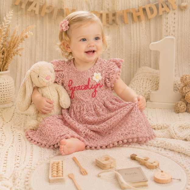 Personalized Girl Handmade Flower Lace Ruffle Dress| Dress115
