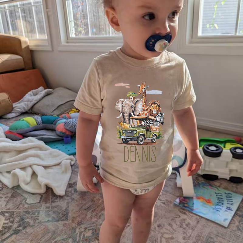 Personalized Kids African Safari Animals & Vehicle T-Shirt| Cloth1417