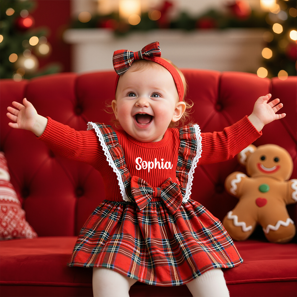 Personalized Girl Christmas Baby Plaid Dress|YESMC13