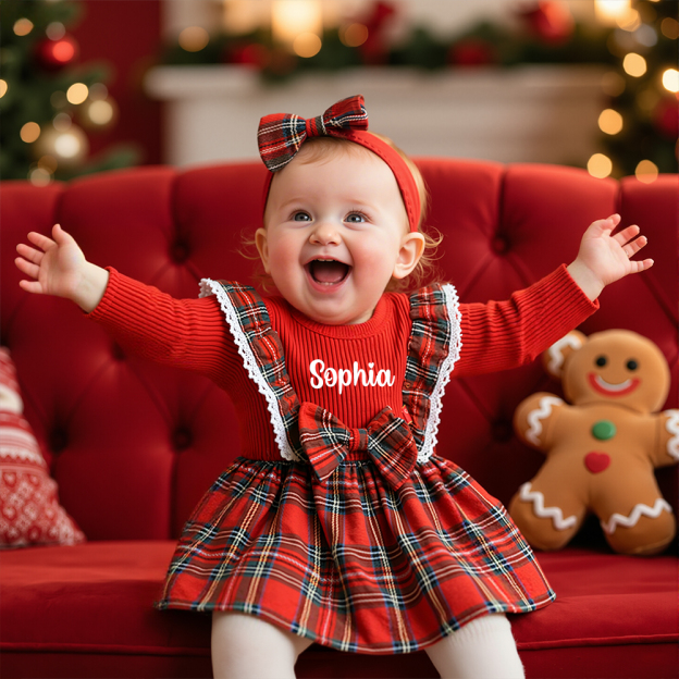 Personalized Girl Christmas Baby Plaid Dress|YESMC13