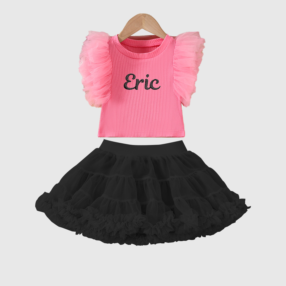Personalized Girl Mesh Flying Sleeve T-shirt TUTU Skirt Set| Cloth236