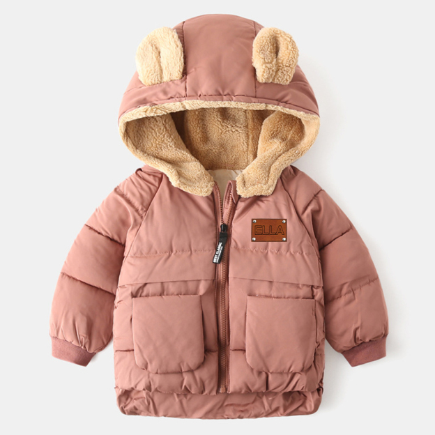 Personalized Leather Patch Kids Bear Ear Puffer Jacket| Cloth256