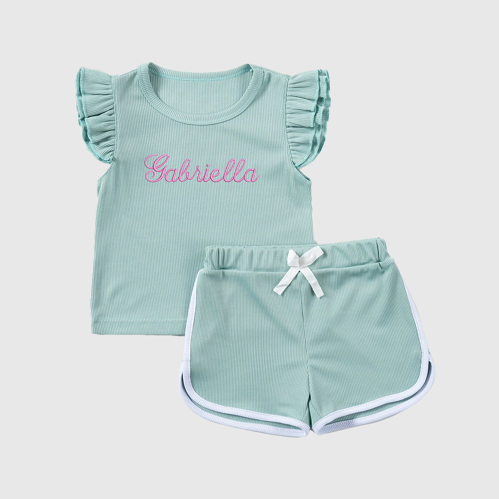 ]Personalized Girl Summer Ruffle T-Shirt and Shorts Set| Cloth233