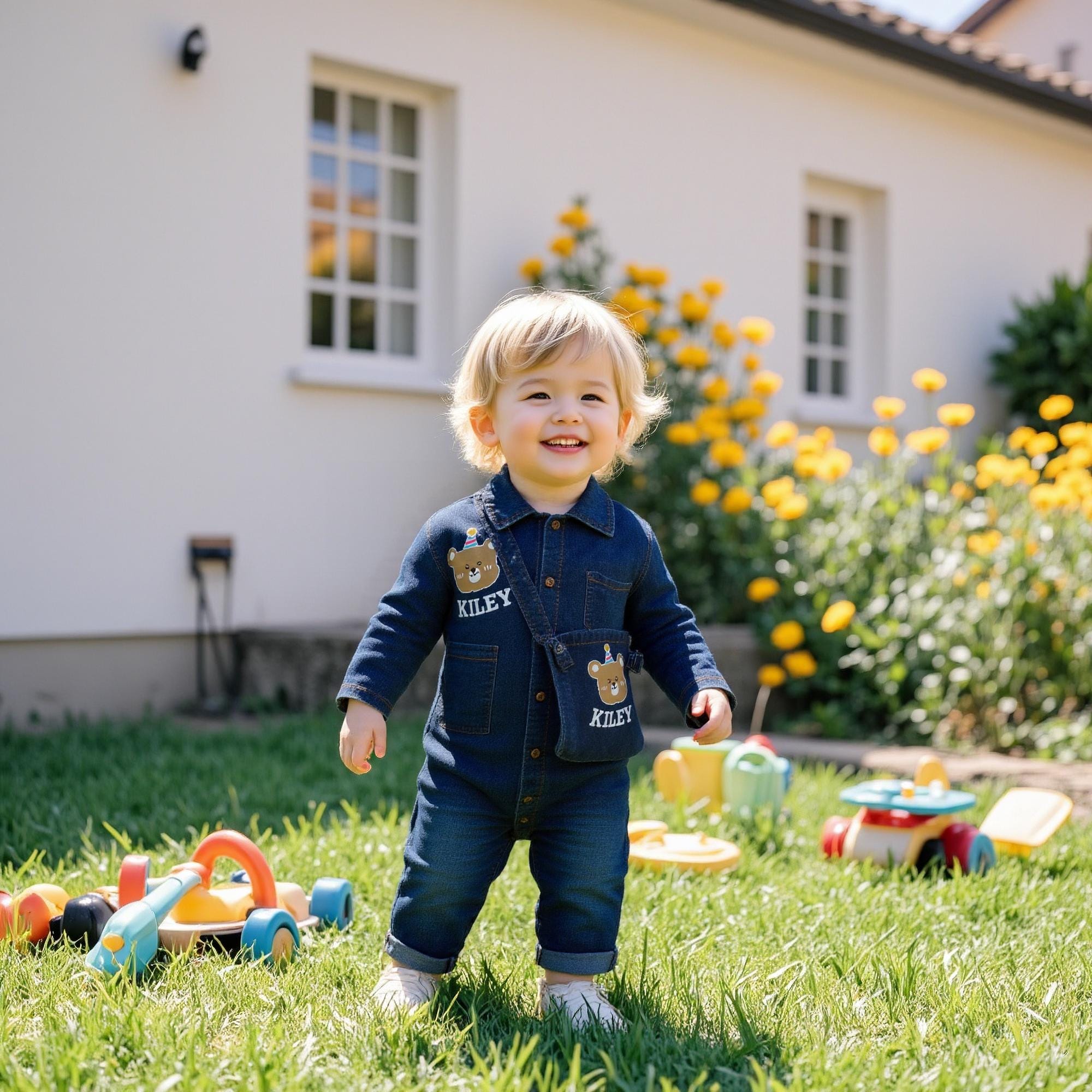 Personalized Baby Bear Denim Onesie With Bag Set| BBCloth88