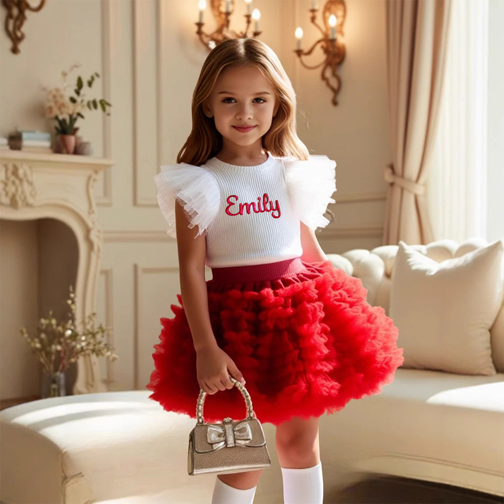 Personalized Girl Embroidered Ruffle Flutter Sleeve Tutu Set| Cloth237