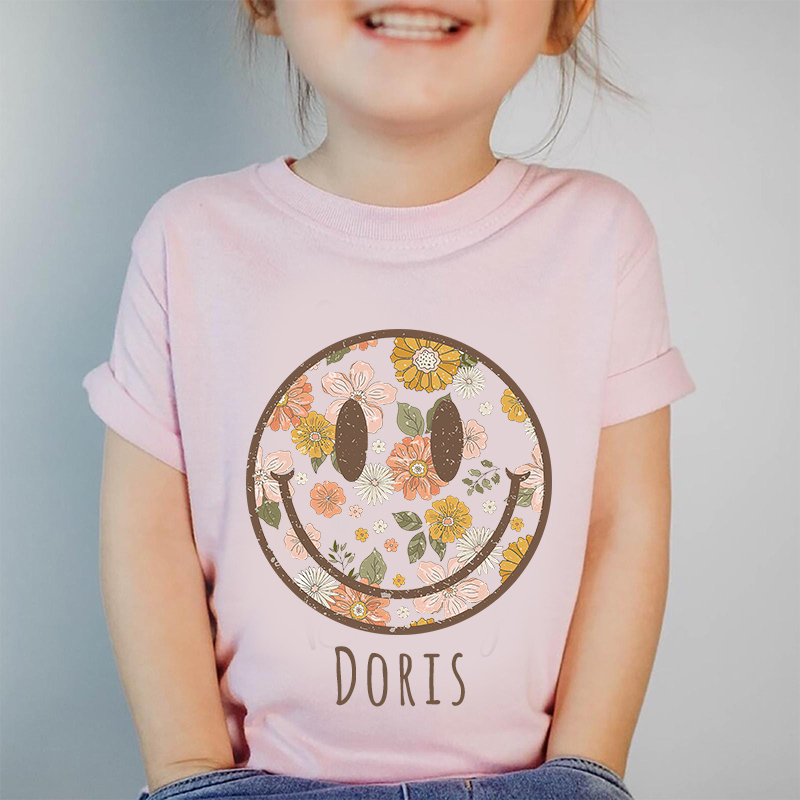 Personalized Girls Retro Floral Smiley Face T-Shirt| Cloth1423