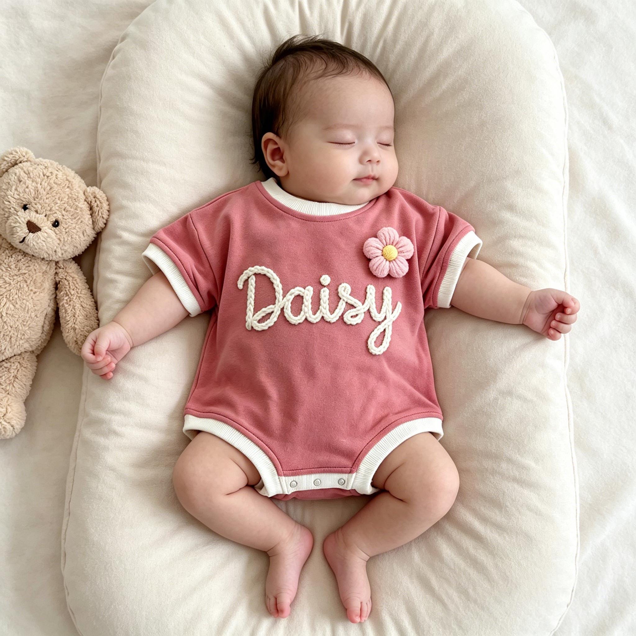Personalized Hand Embroidered Short Sleeve Baby Bubble Romper | BBcloth142