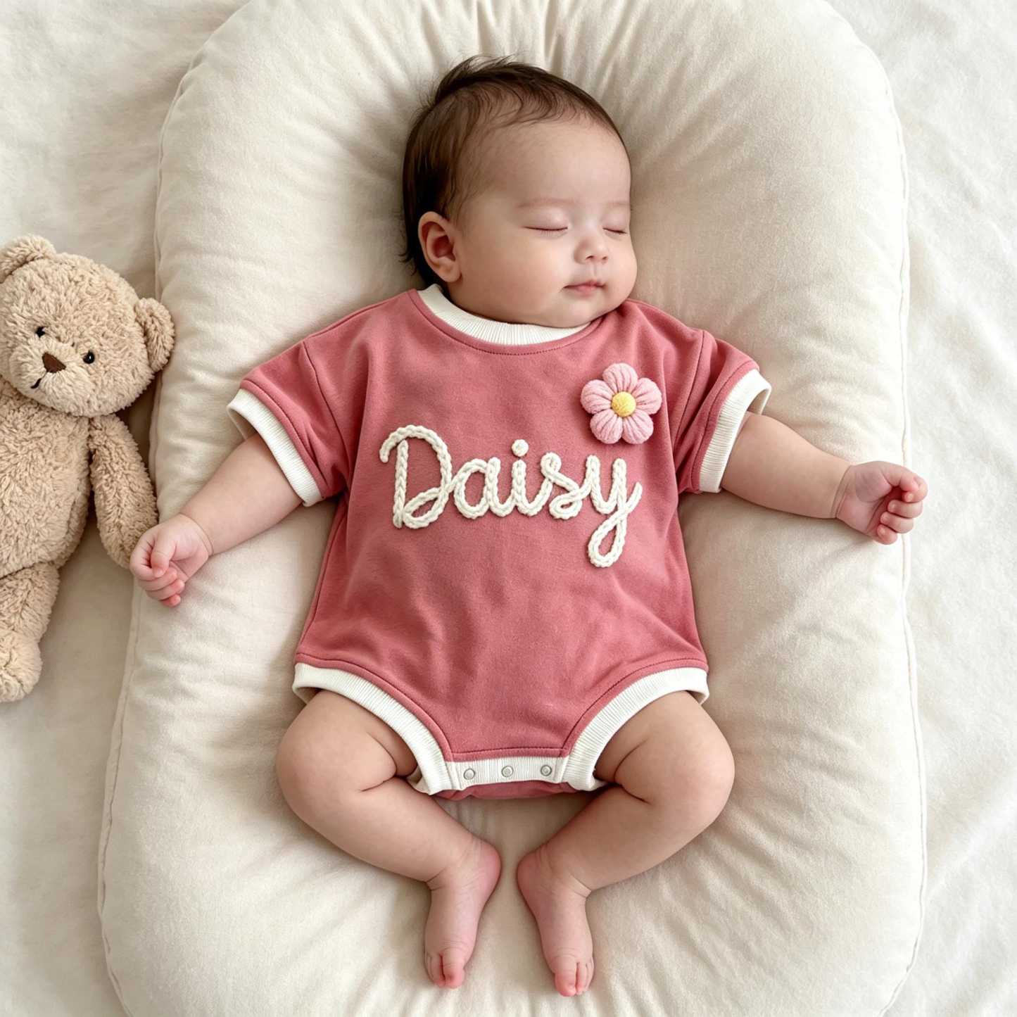 Personalized Hand Embroidered Short Sleeve Baby Bubble Romper | BBcloth142