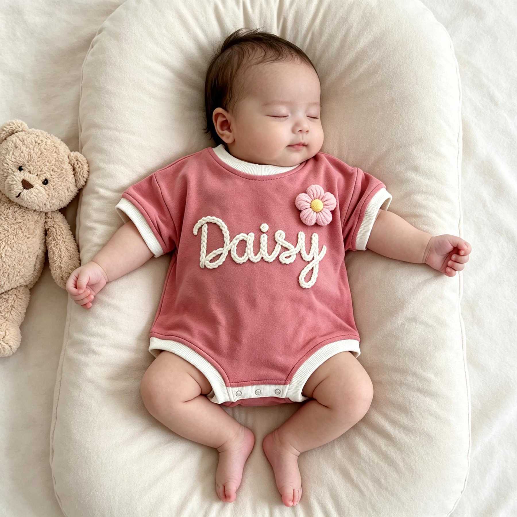 Personalized Hand Embroidered Short Sleeve Baby Bubble Romper | BBcloth142