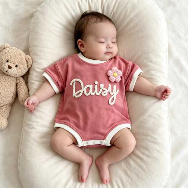 Personalized Hand Embroidered Short Sleeve Baby Bubble Romper | BBcloth142