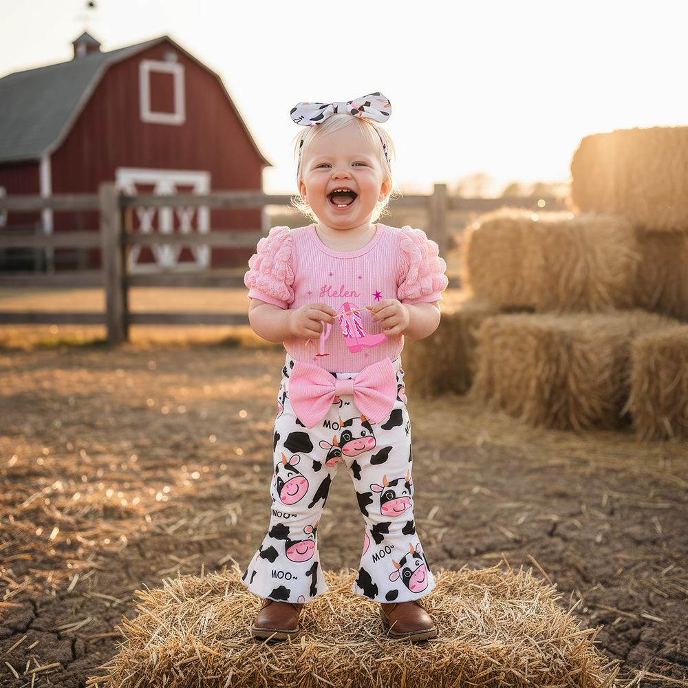 Personalized Baby Girl Cow Print Outfit Set| BBcloth119