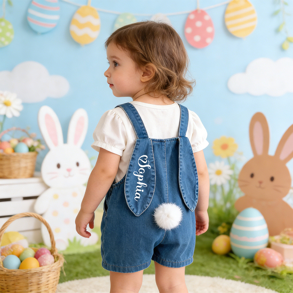 Personalized Kids Bunny Ear Denim Overalls| Pants34