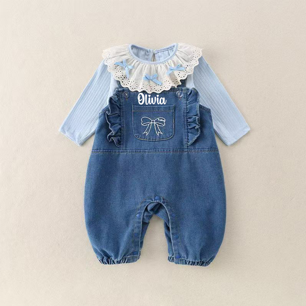 Personalized Baby Girl Lace Collar Top & Denim Overalls Set| Pants36