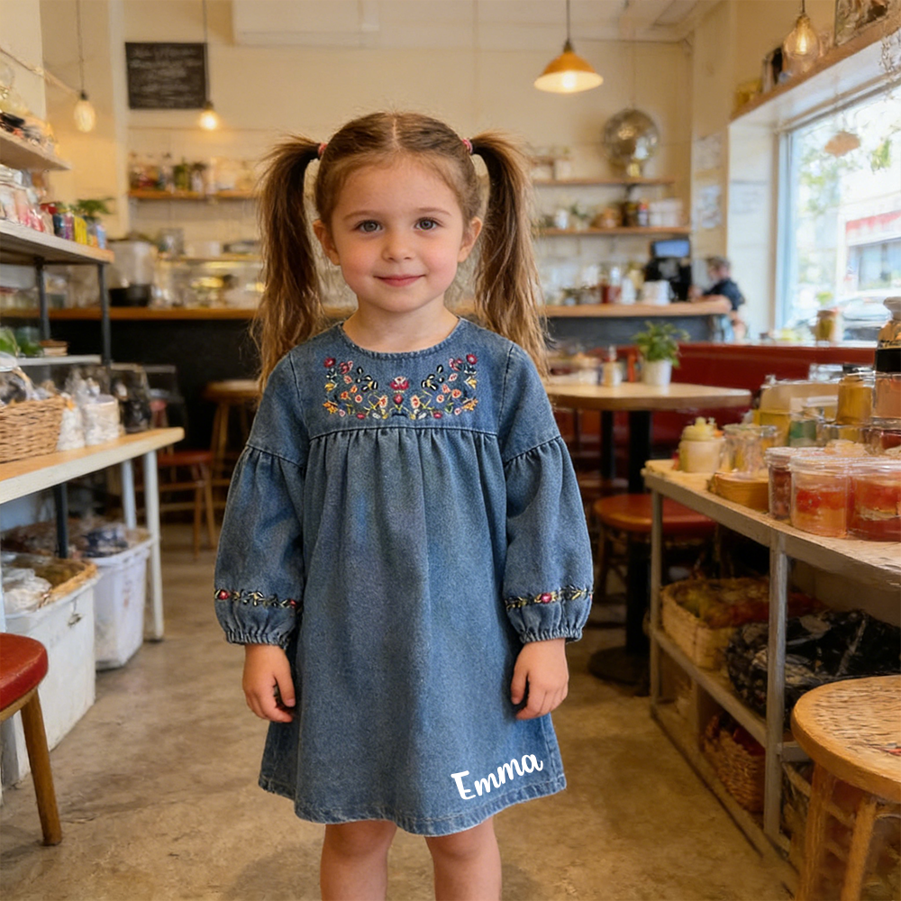 Personalized Girl Embroidered Denim Floral  Dress| Dress68