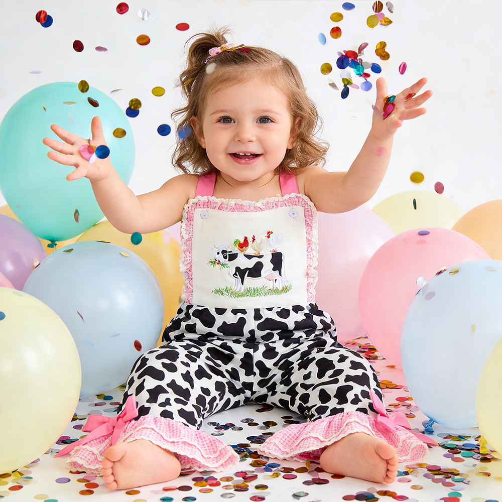 Girl Birthday Cow Print Overalls| Pants32