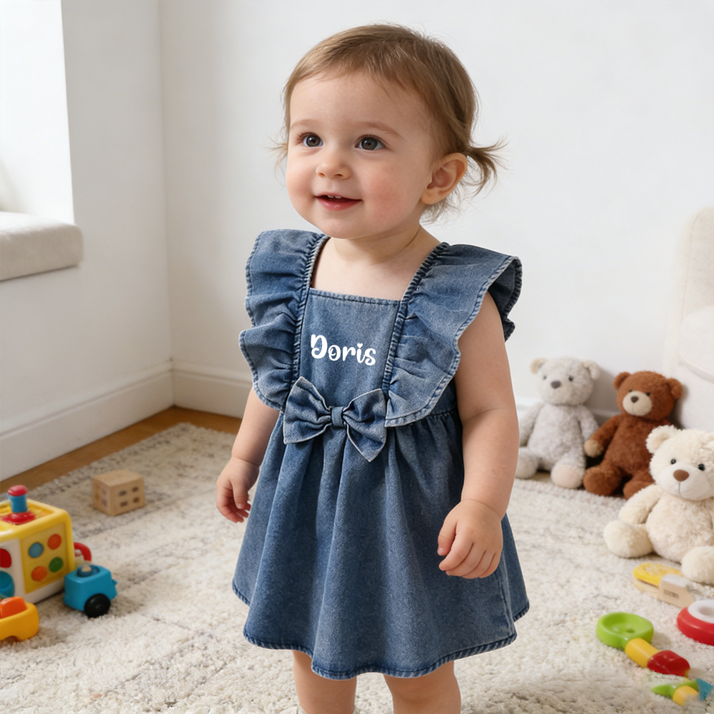 Personalized Girl Ruffle Shoulder Denim Dress| Dress73