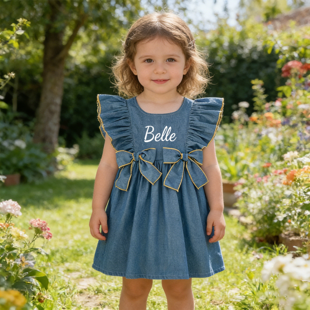 Personalized Girl Ruffle Shoulder Denim Dress| Dress74