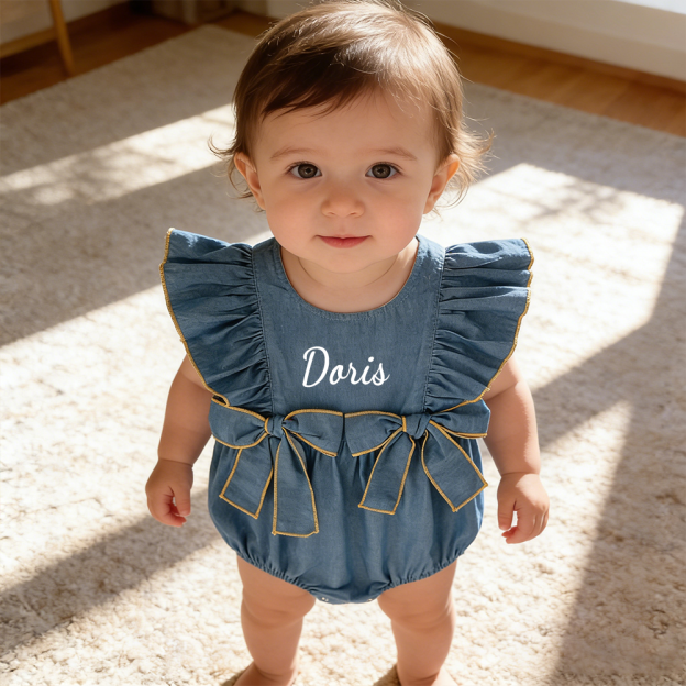 Personalized Baby Girl Ruffle Shoulder Denim Romper| BBcloth123