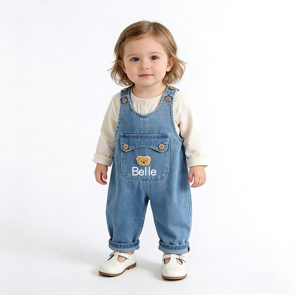 Personalized Kids Bear Patch Denim Overalls Set| Pants46
