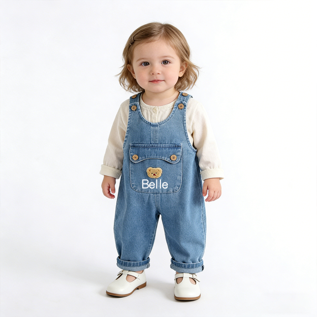 Personalized Kids Bear Patch Denim Overalls Set| Pants46