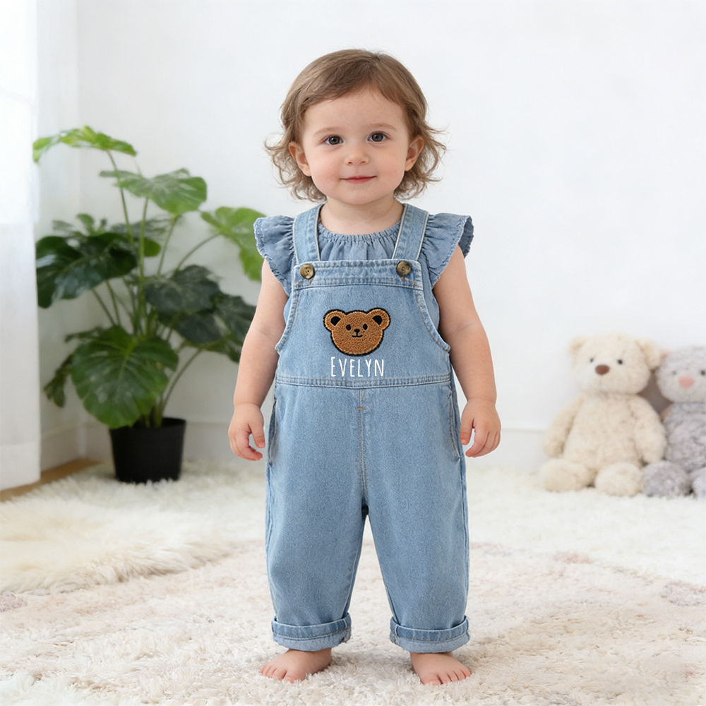 Personalized Kids Bear Patch Denim Overalls| Pants47