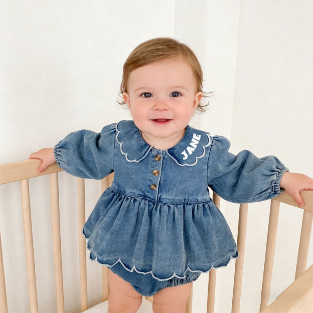 Personalized Baby Girl Ruffled Denim Bubble Romper| BBcloth130