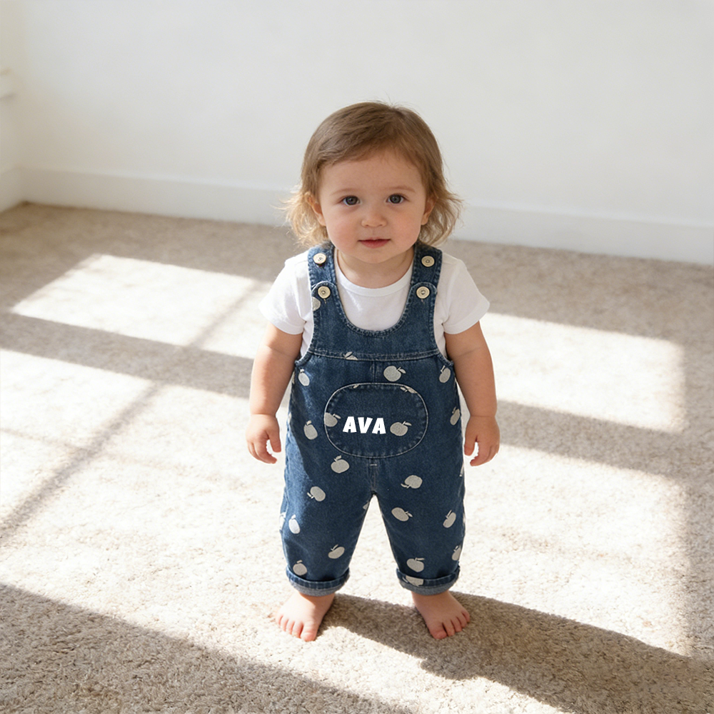 Personalized Kids Print Apple Denim Overalls| Pants52