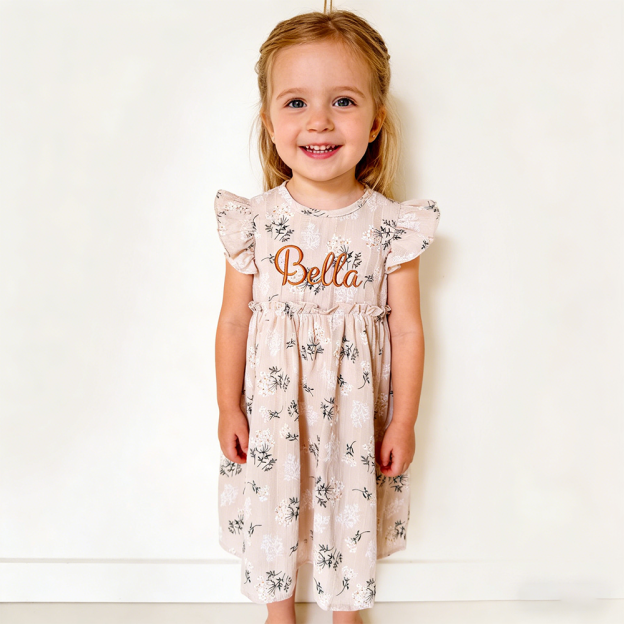 Personalized Girl Embroidered Name Floral Dress With Bow| Dress80