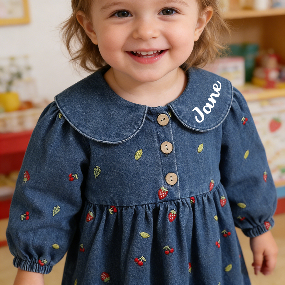Personalized Girl Fruit Embroidered Denim Dress| Dress82