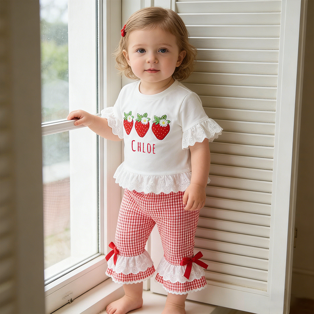 Personalized Girl Strawberry Embroidered Gingham Ruffle Set| Cloth272