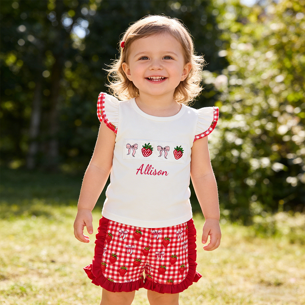 Personalized Girl Strawberry Ruffle Sleeve Top & Shorts Set| Cloth273