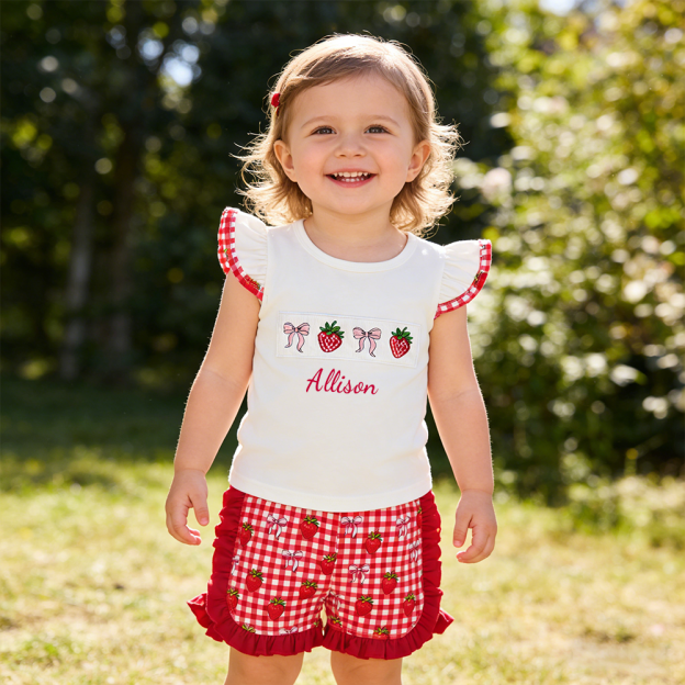 Personalized Girl Strawberry Ruffle Sleeve Top & Shorts Set| Cloth273