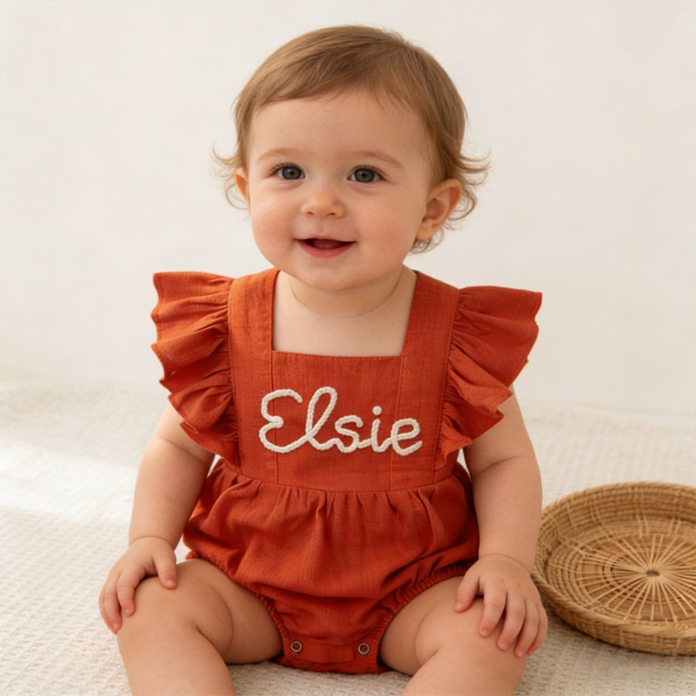 Personalized Baby Gril Embroidered Linen Romper| BBcloth131