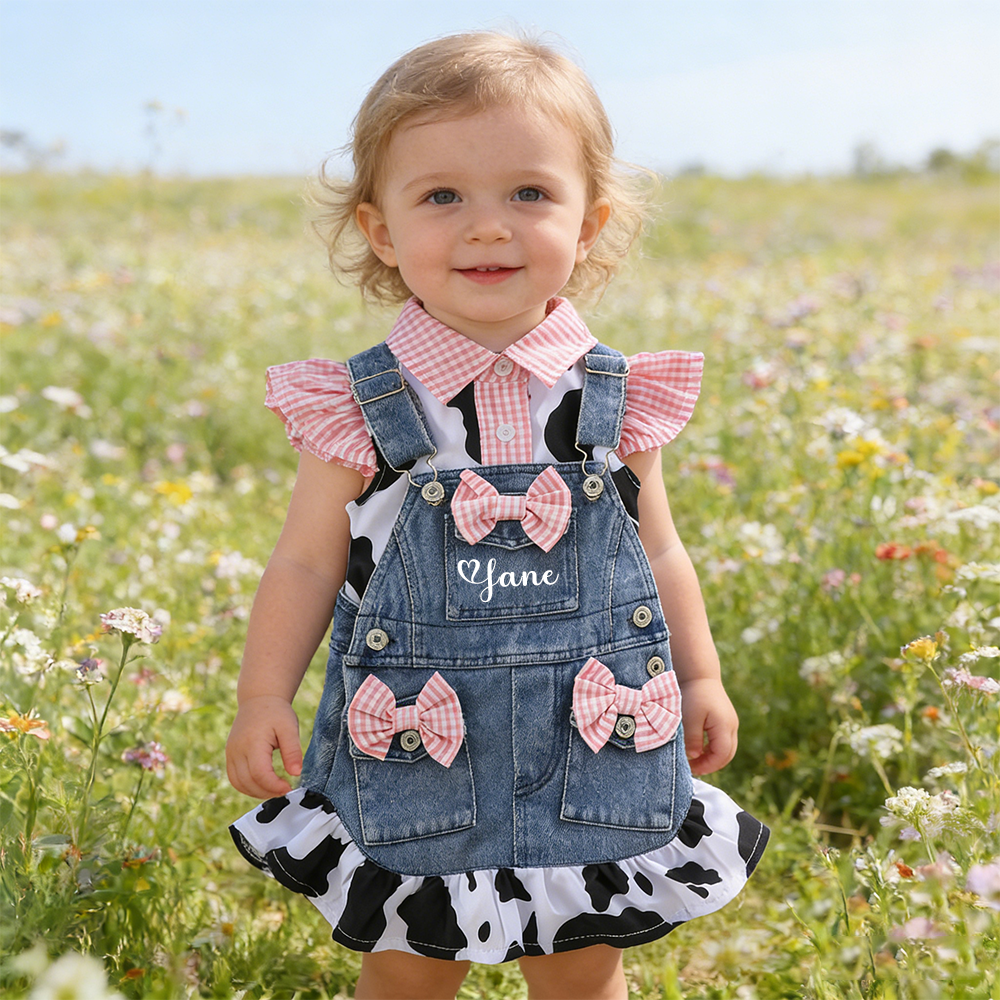 Personalized Baby Girl Cow Print Denim Overall Dress Set| BBcloth132