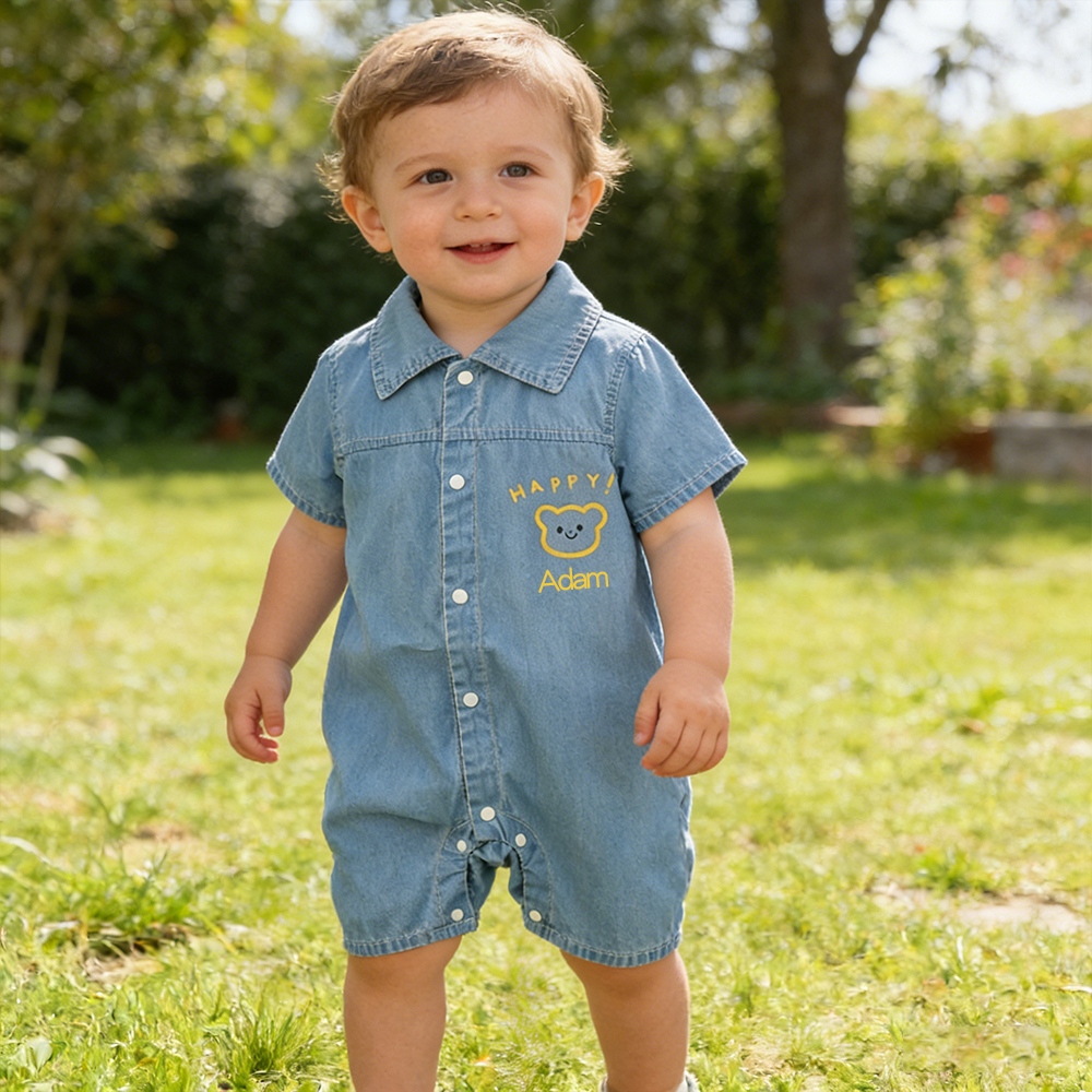 Personalized Baby Bear Print Denim Romper| BBcloth133