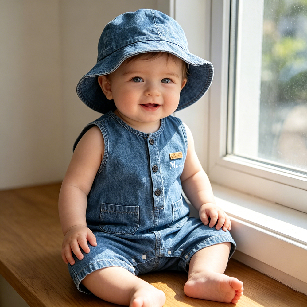 Personalized Baby Denim Jumpsuit & Sun Hat Set| Pants56