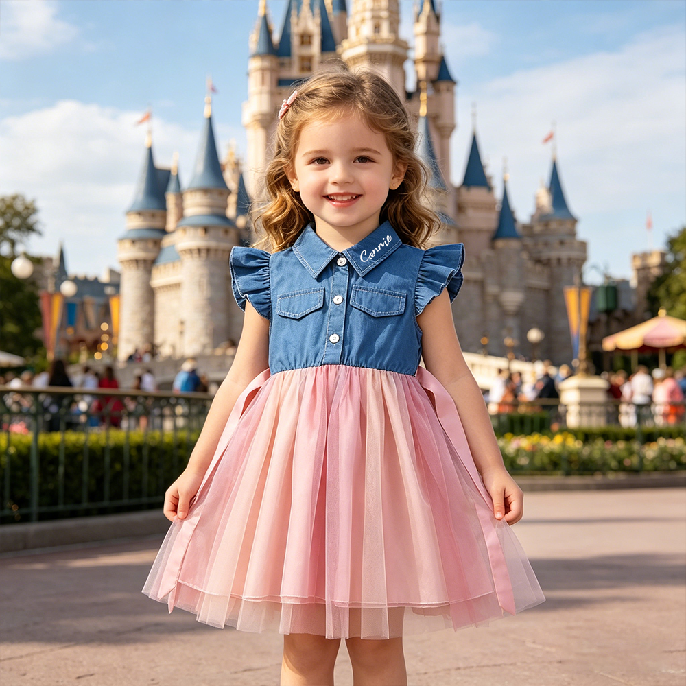 Personalized Girl Ruffle Sleeve Denim and Tulle Dress| Dress90